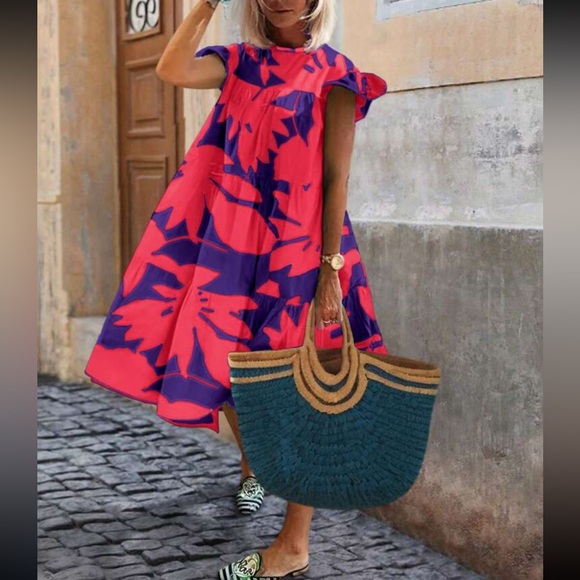 Boho floral tropical print ruffle hem vacation dress - Picture 1 of 10